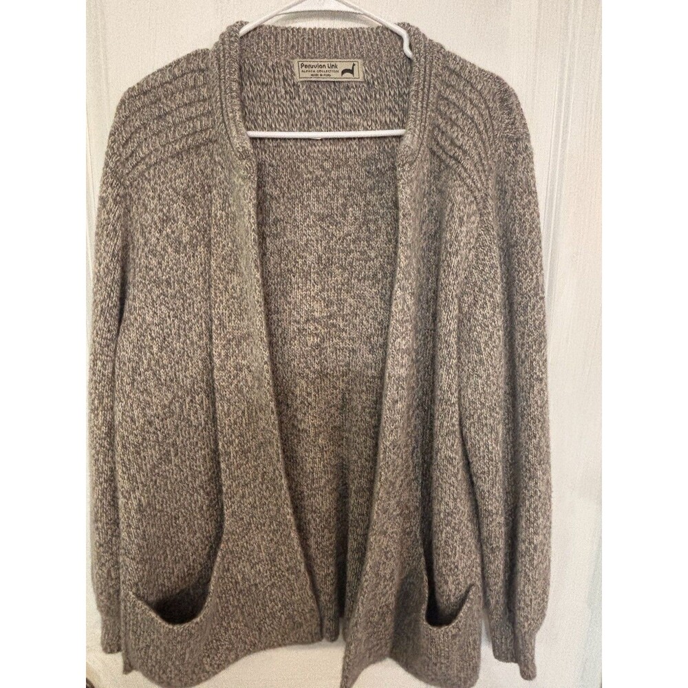 Peruvian Link Alpaca Cardigan Sweater Gray One Sz Open Front Pockets Old Money